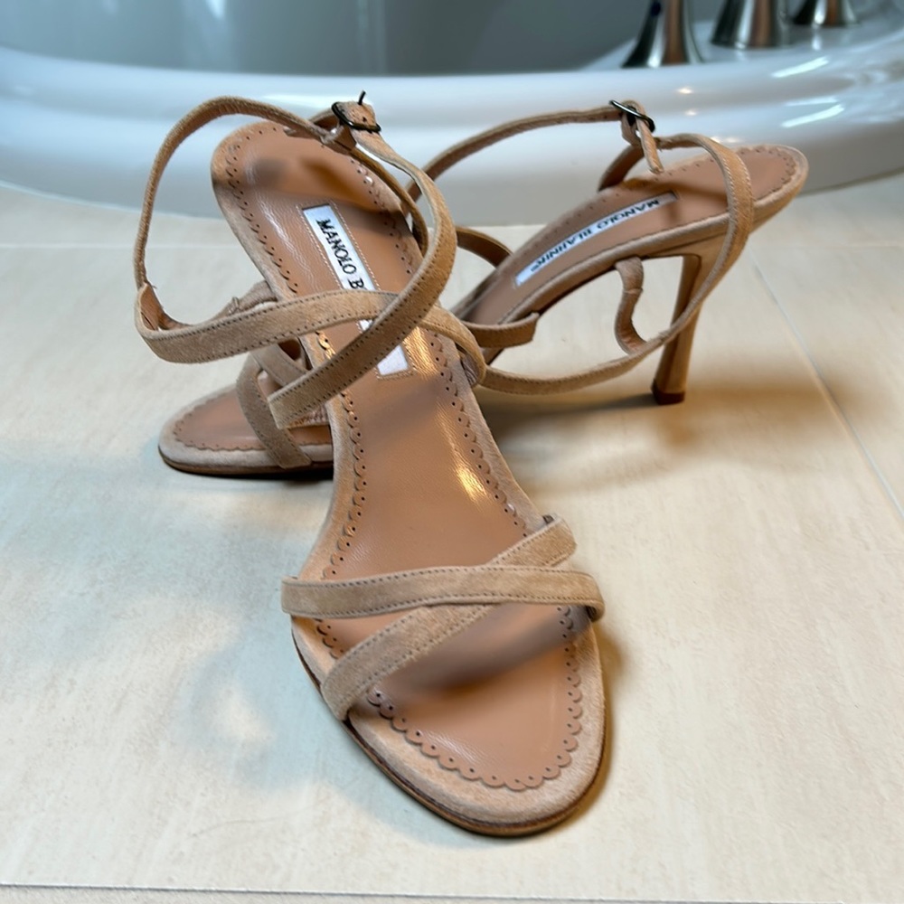 Manolo Blahnik tan suede strappy sandals - like size 8